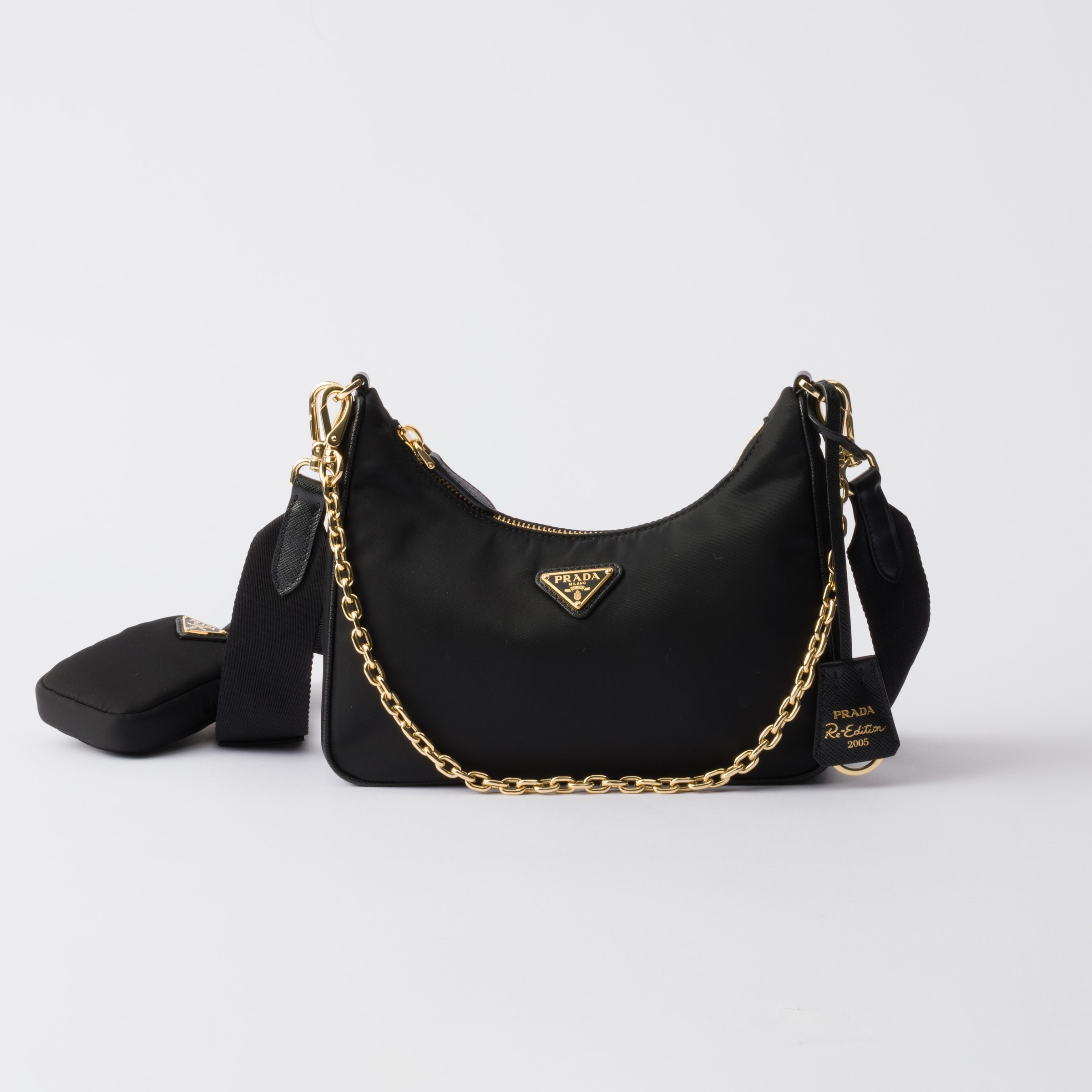 RE-EDITION 2005 RE-NYLON BAG  AND SAFFIANO MINI BAG, BLACK (GOLD BUCKLE)