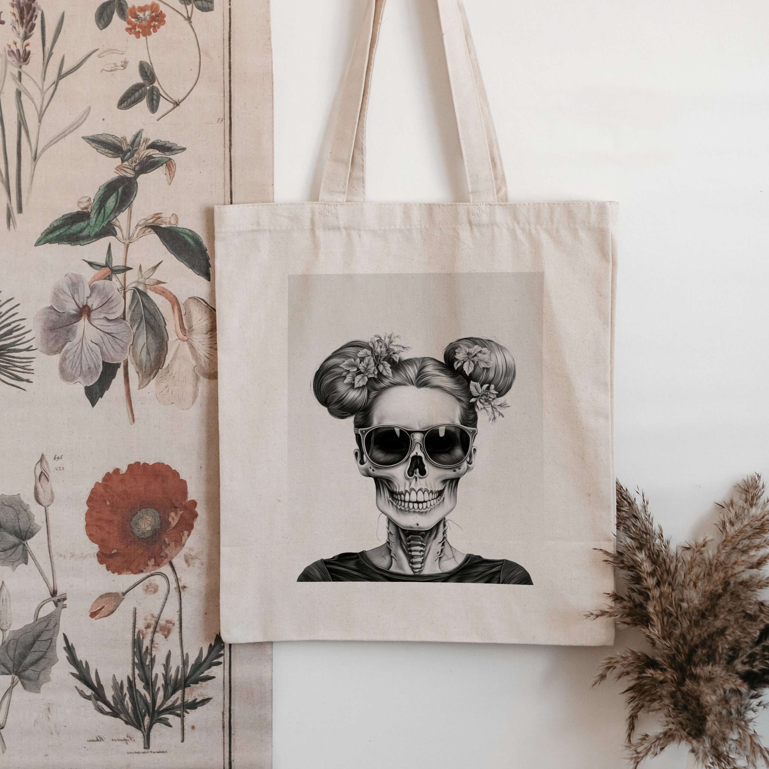 Messy Bun Skull Tote Bag with Black and White Skeleton Portrait