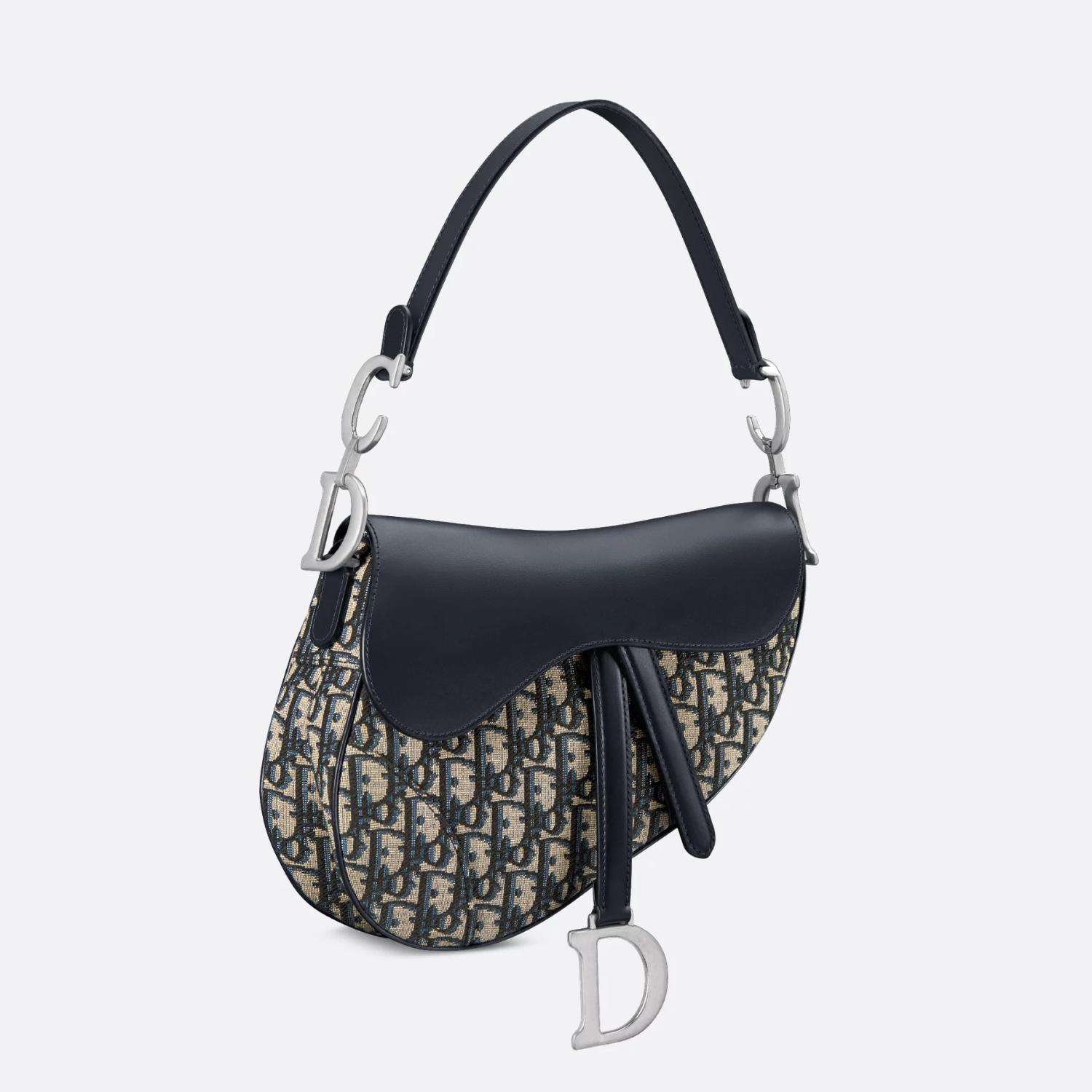 SADDLE BAG WITH STRAP, BLUE OBLIQUE JACQUARD AND SMOOTH CALFSKIN