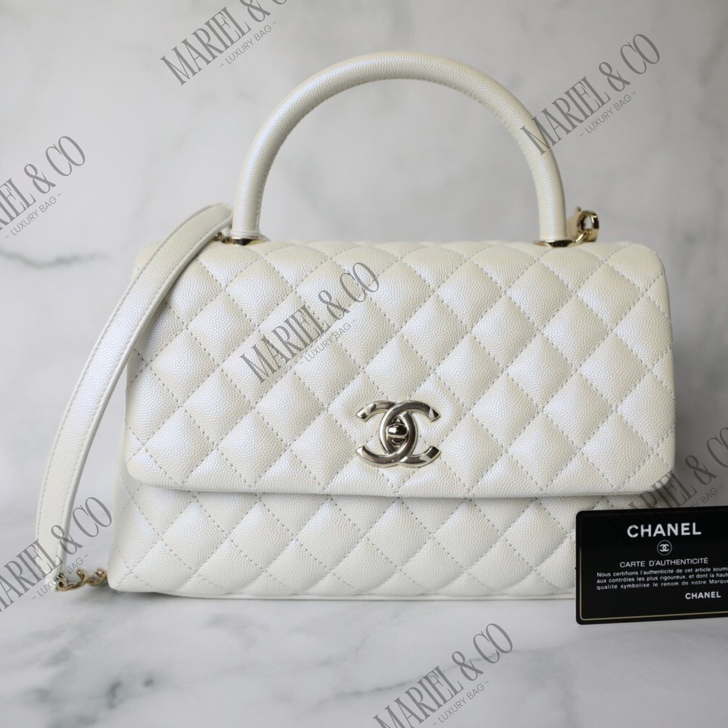 LARGE FLAP BAG WITH TOP HANDLE, PEARL WHITE