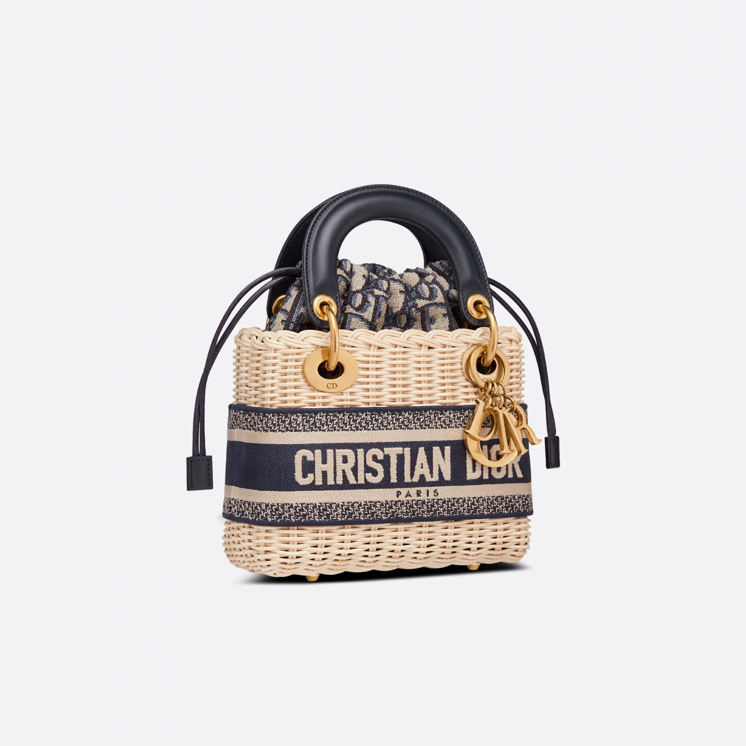 MINI DIORIVIERA LADY D BAG, NATURAL WICKER AND BLUE OBLIQUE JACQUARD