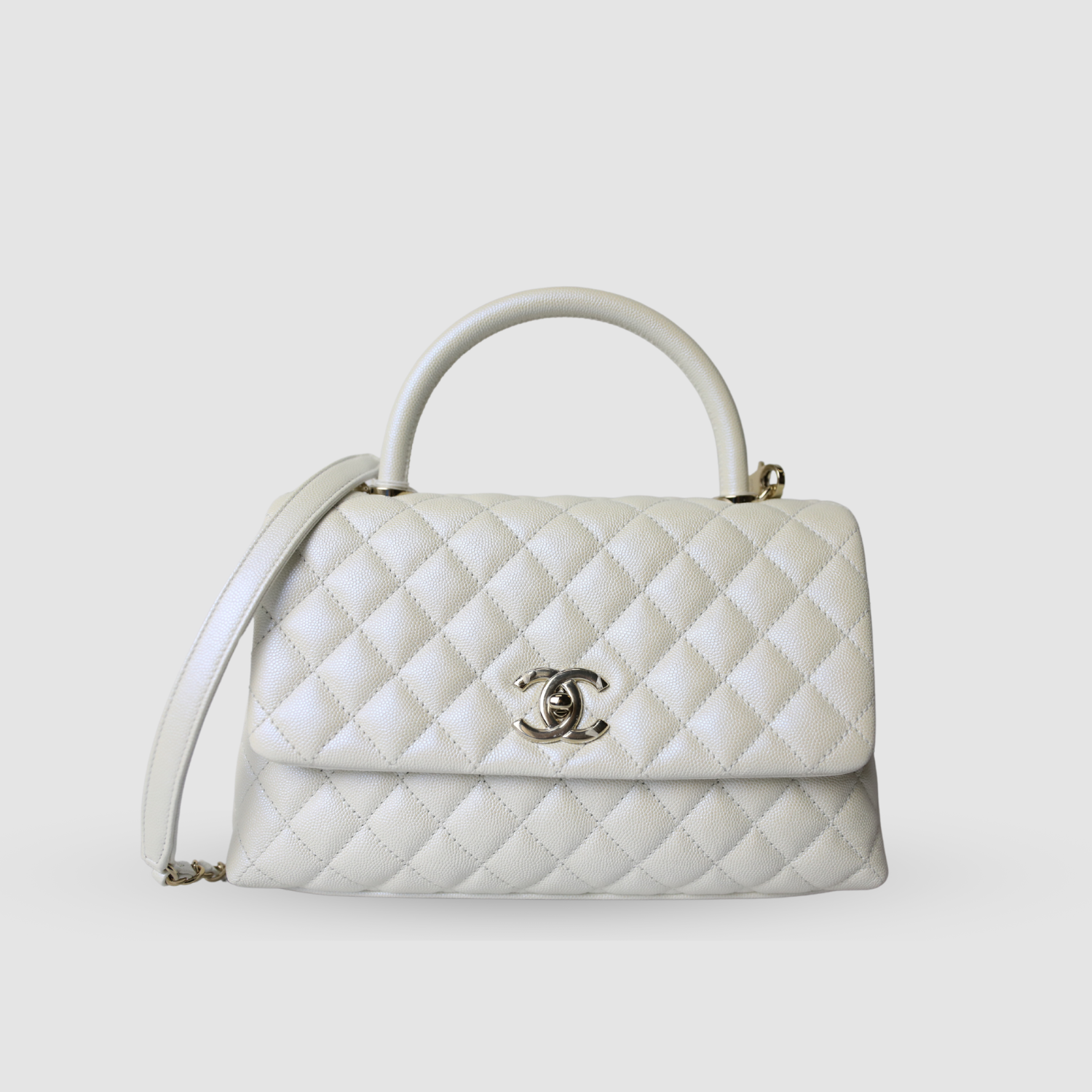 LARGE FLAP BAG WITH TOP HANDLE, PEARL WHITE