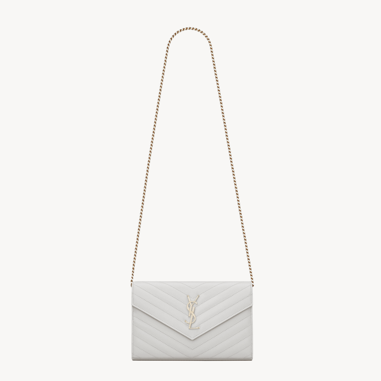 CLASSIC CASSANDRE CHAIN WALLET IN GRAIN DE POUDRE LEATHER, BLANC VINTAGE/ SILVER