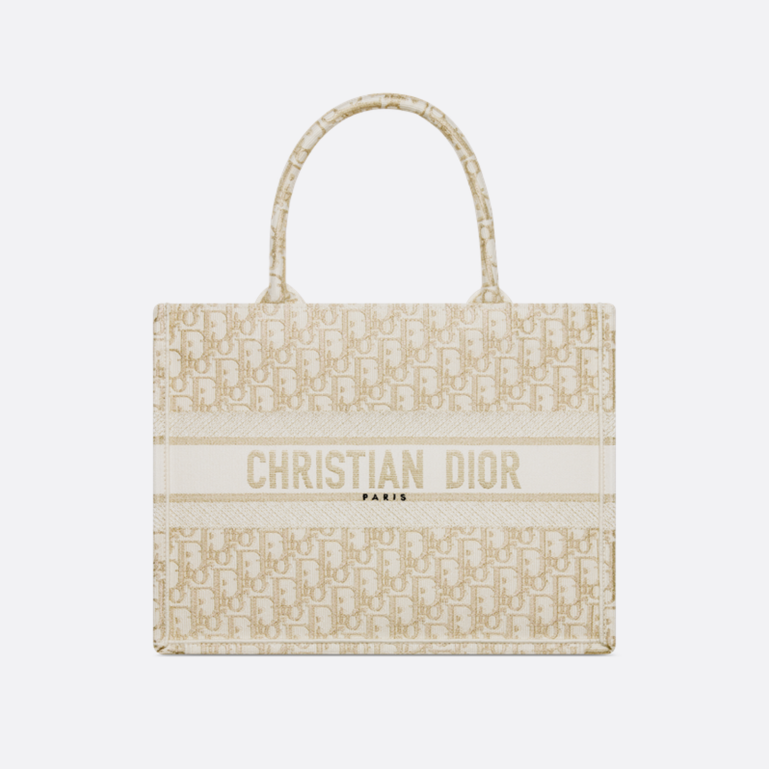 MEDIUM BOOK TOTE, WHITE AND GOLD-TONE OBLIQUE EMBROIDERY