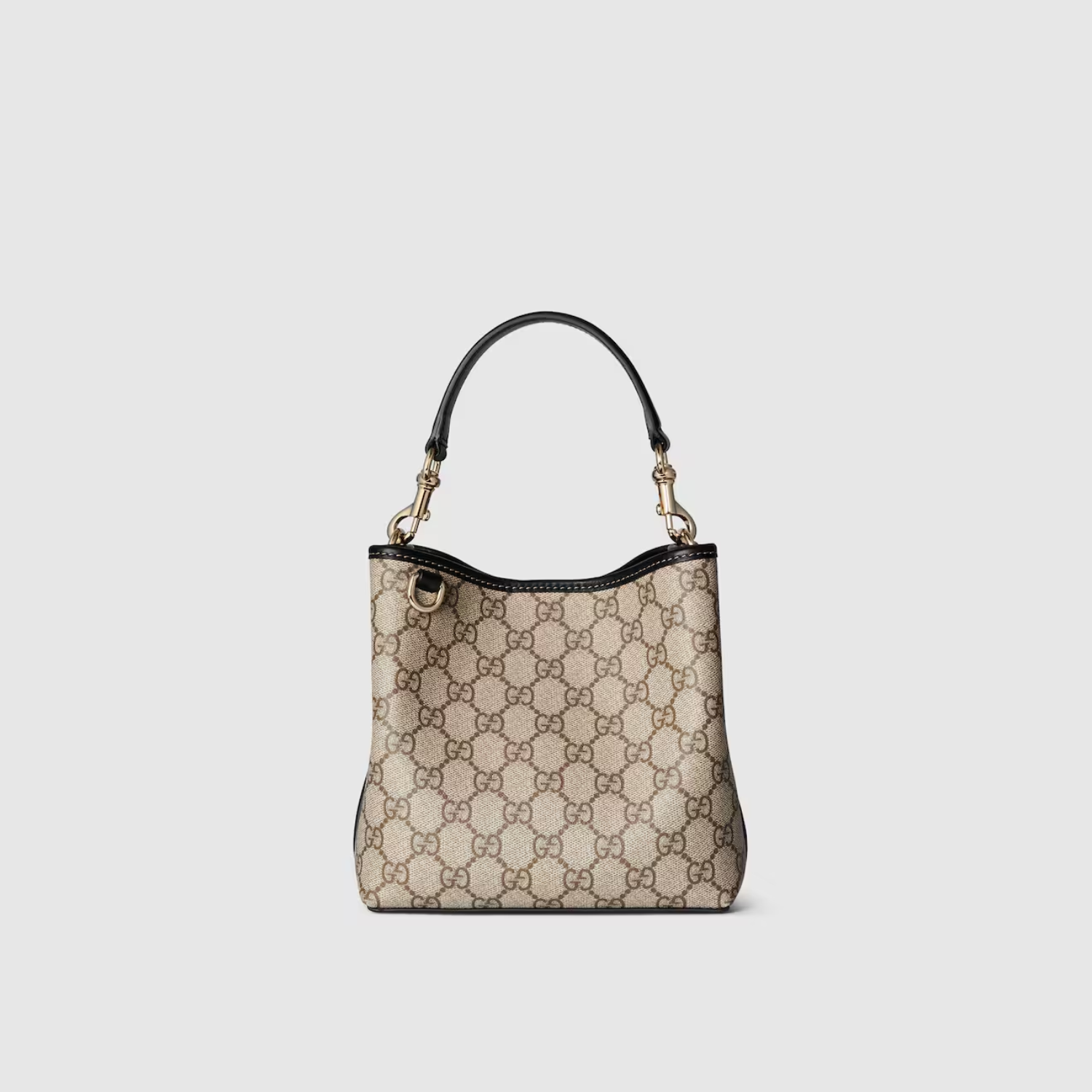 GG EMBLEM MINI BUCKET BAG, BEIGE AND BLACK