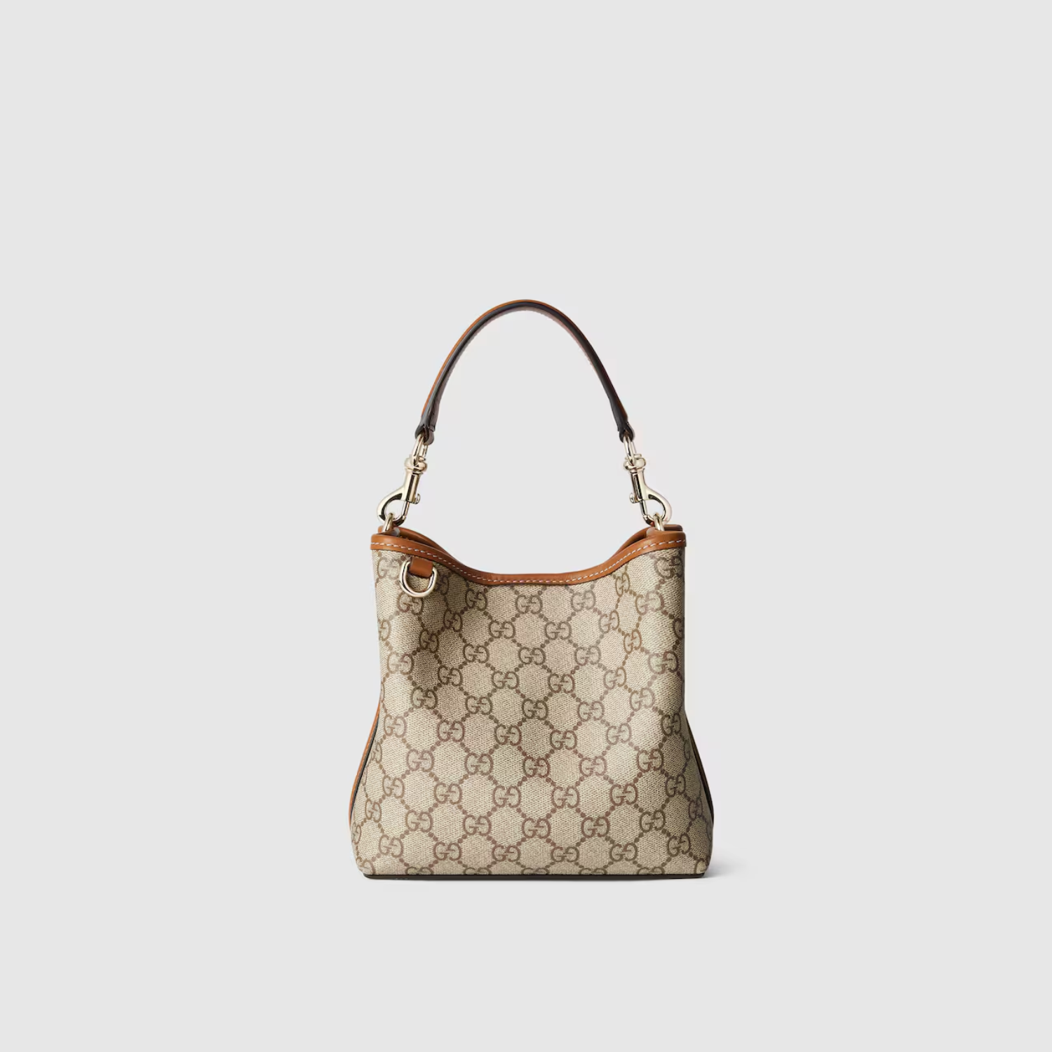 GG EMBLEM MINI BUCKET BAG, BEIGE AND DARK BROWN