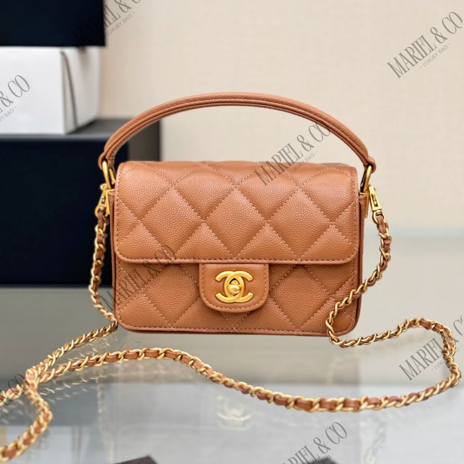 MINI FLAP BAG WITH TOP HANDLE, CAMEL