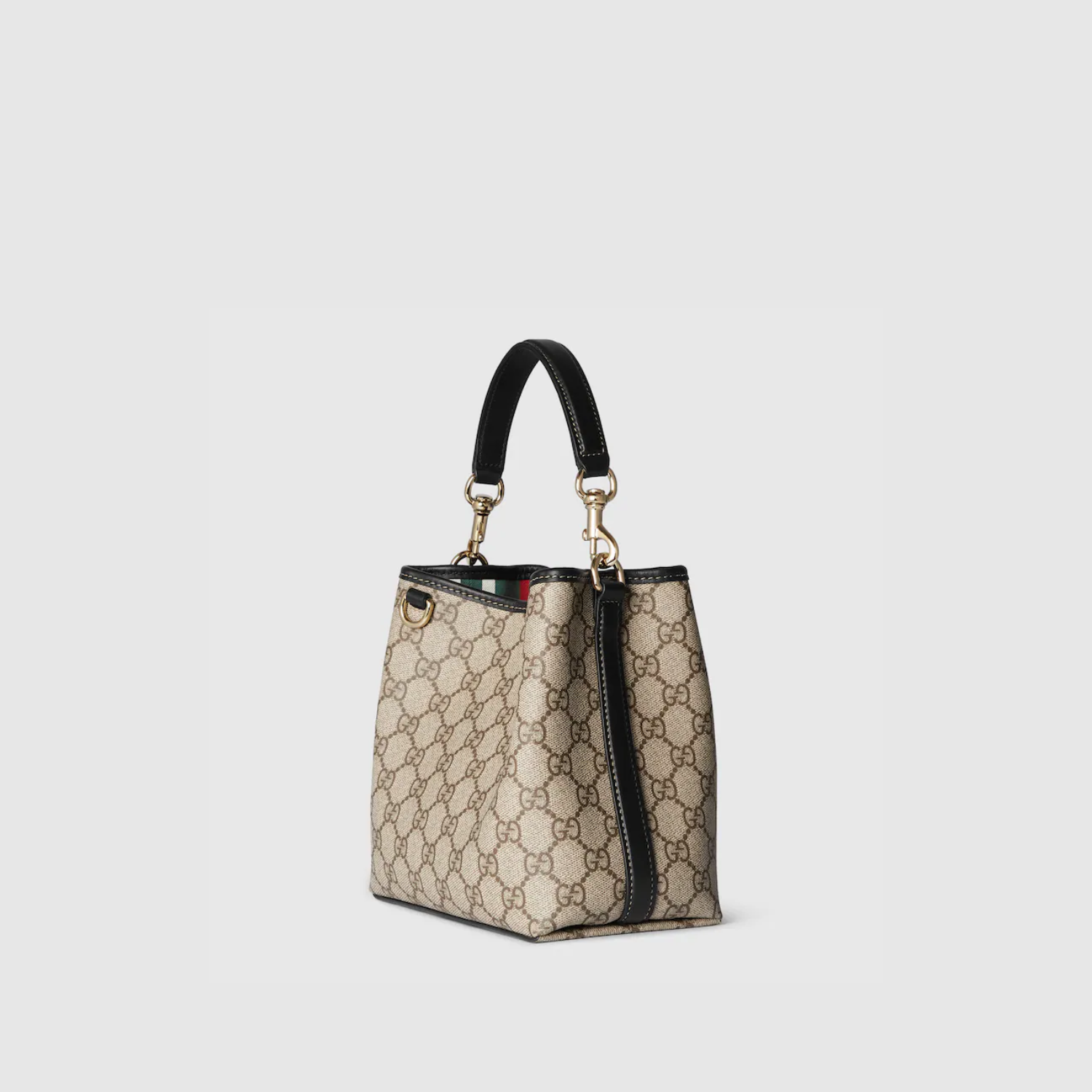 GG EMBLEM MINI BUCKET BAG, BEIGE AND BLACK