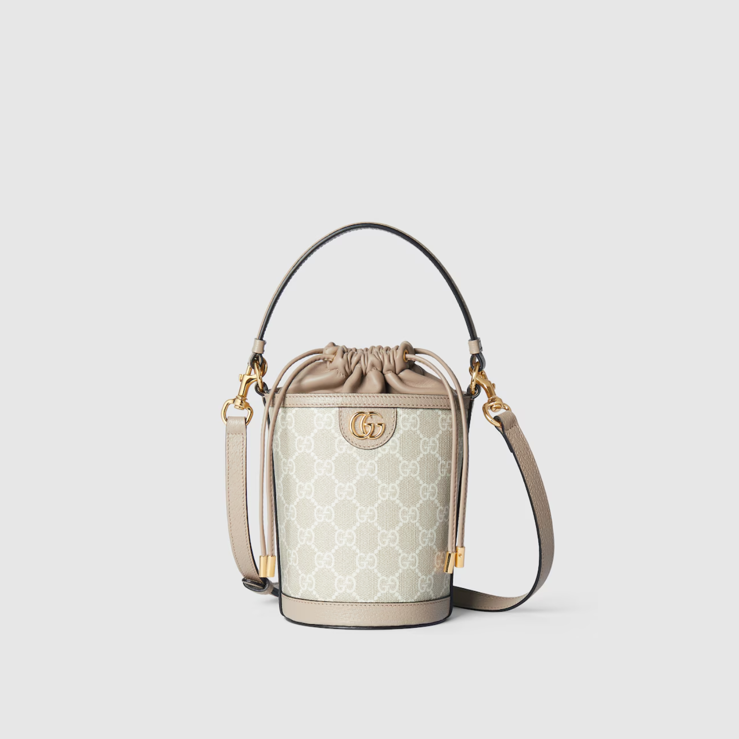 OPHIDIA MINI BUCKET BAG, BEIGE AND WHITE