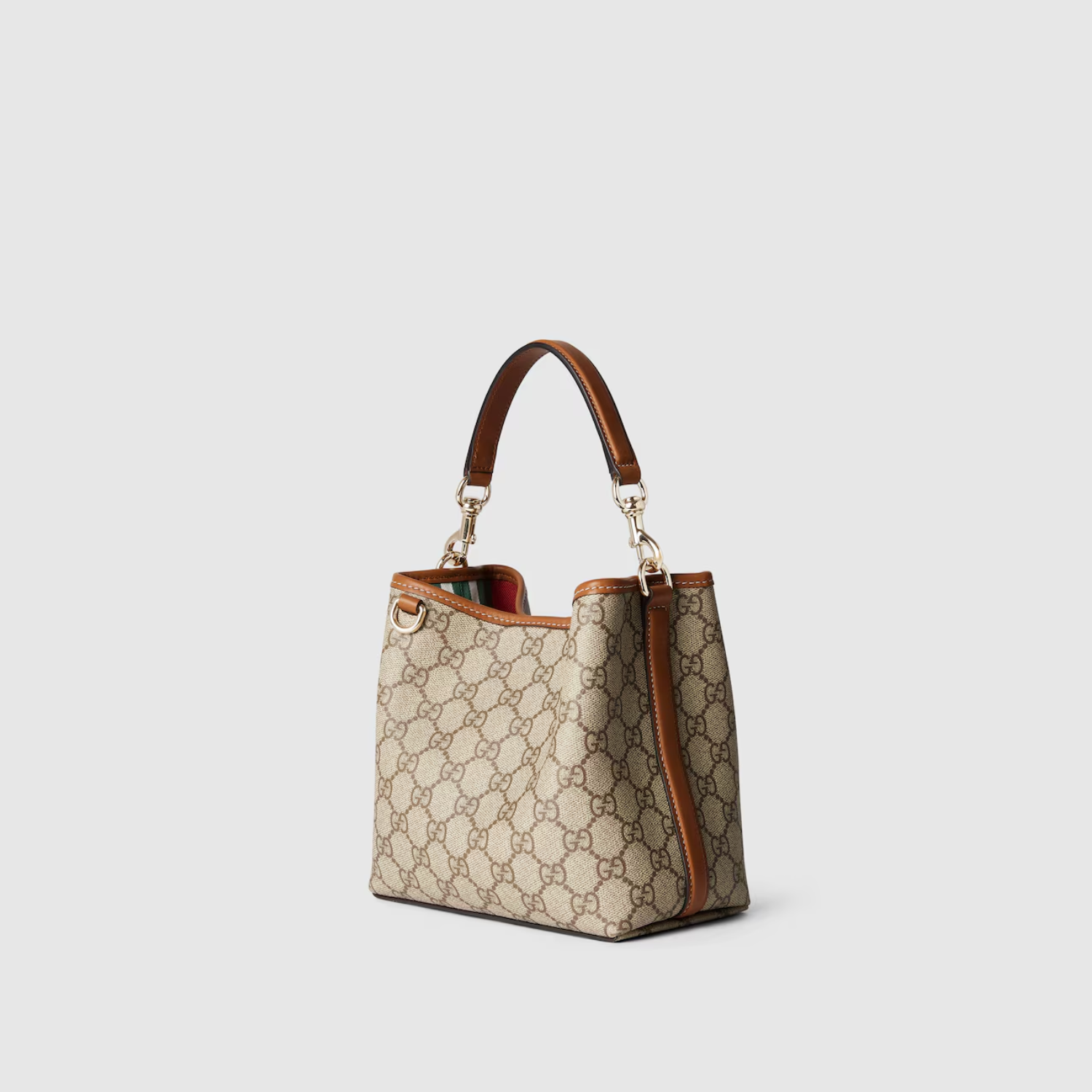 GG EMBLEM MINI BUCKET BAG, BEIGE AND DARK BROWN