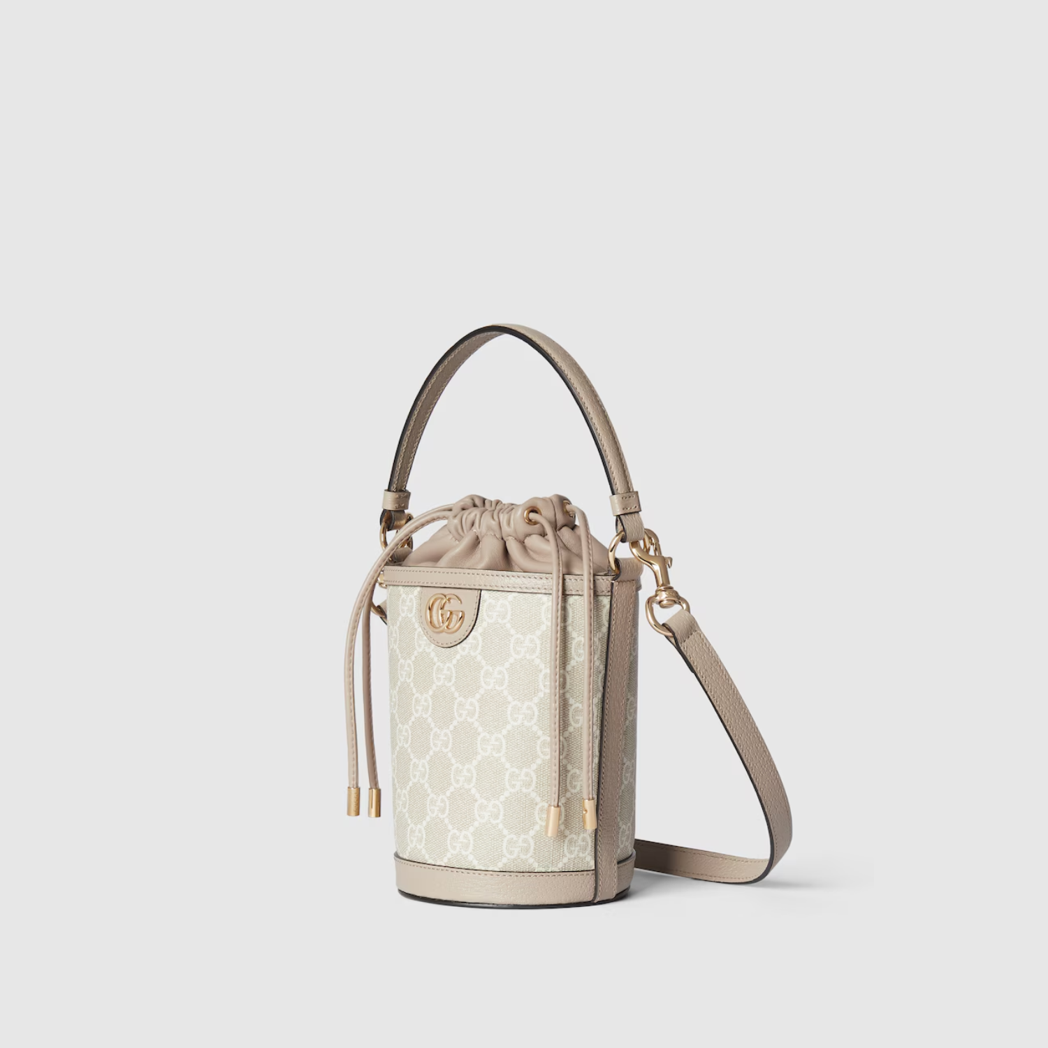 OPHIDIA MINI BUCKET BAG, BEIGE AND WHITE