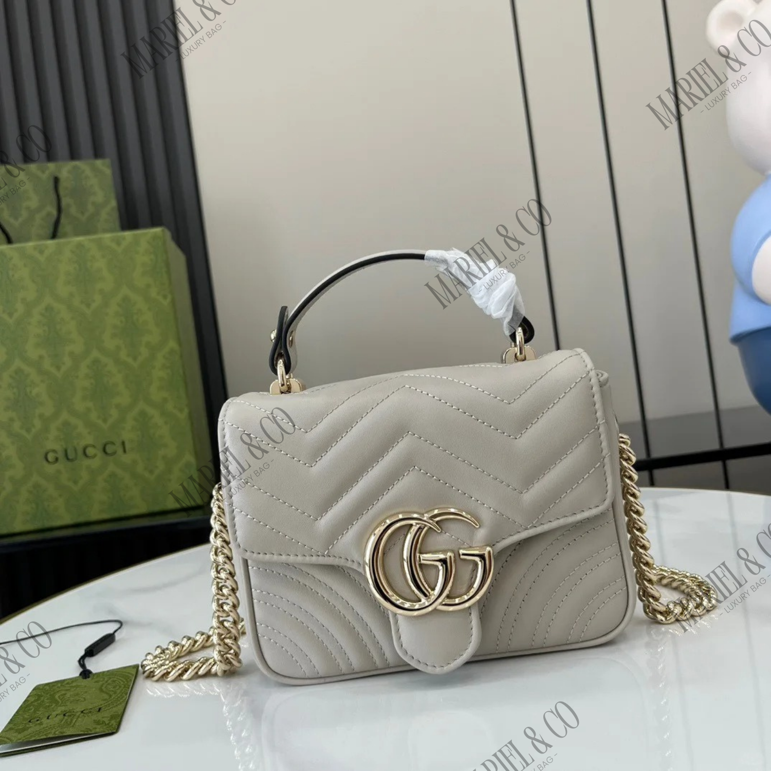 GG MARMONT MINI TOP HANDLE BAG, LIGHT GREY