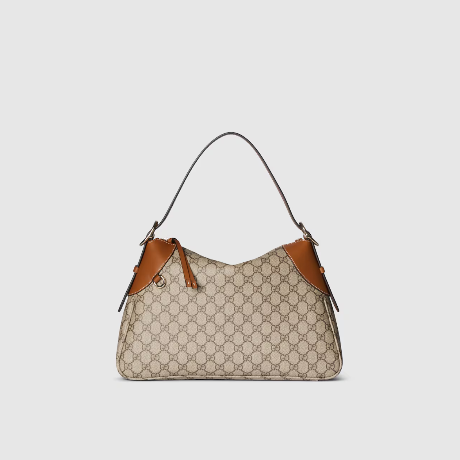 GG EMBLEM MEDIUM SHOULDER BAG, BEIGE AND DARK BROWN